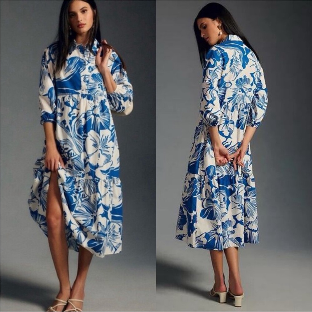 Anthropologie Blue and White Floral Long-Sleeve Midi Dress